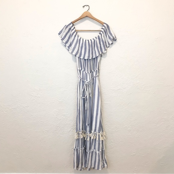 Altar'd State Off Shoulder Maxi Dress Blue White Stripe Fringe Tassel Large - Picture 4 of 9